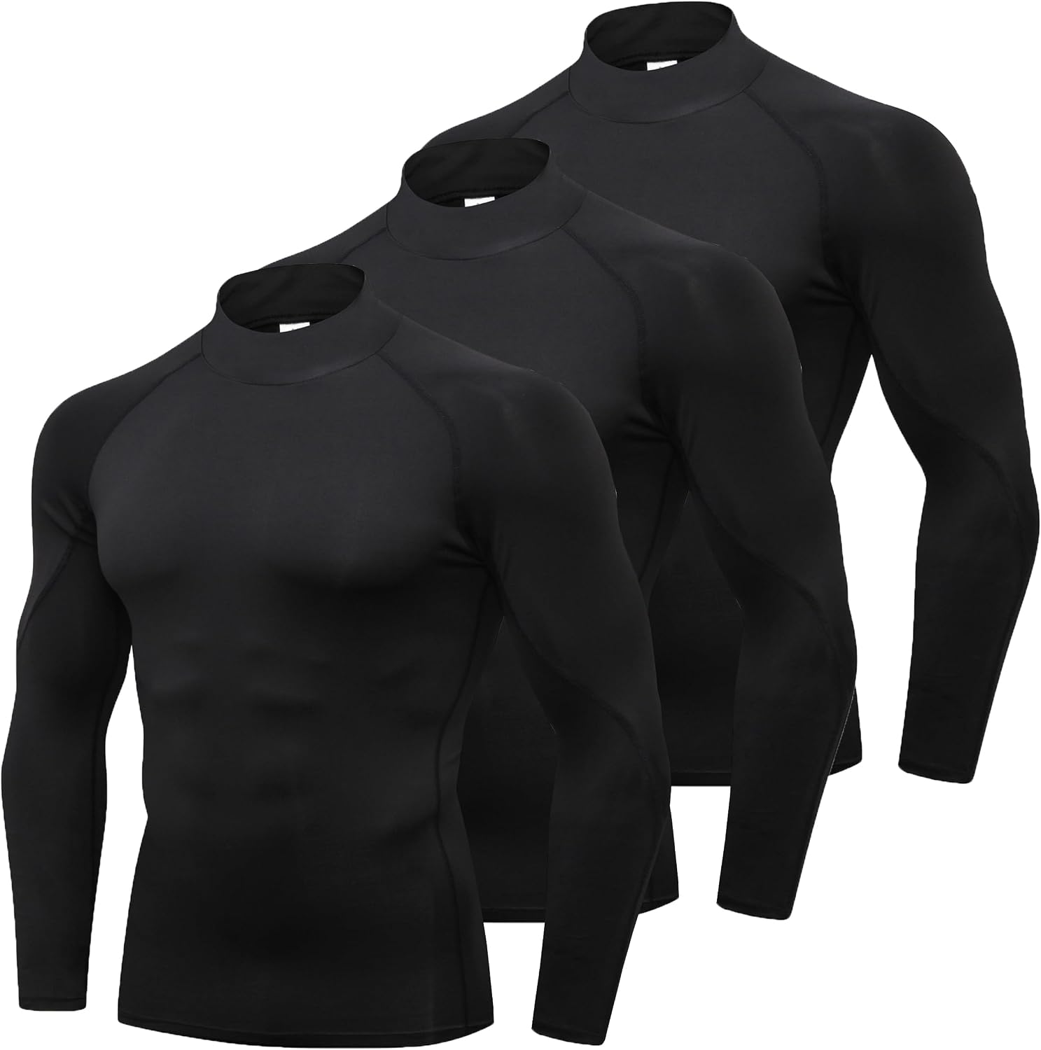 YUSHOW 3 Pack Compression Tops for Men Long Sleeve Mens Running Top Quick Dry Turtleneck Base Layer Top for Gym Sports Fitness Workout Cycling Football Training T-Shirts