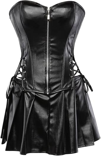 Kranchungel Leather Corset Tops for Women Punk Rock Steampunk Corset with Skirt Sexy Halloween Costume Woman for Party-goers