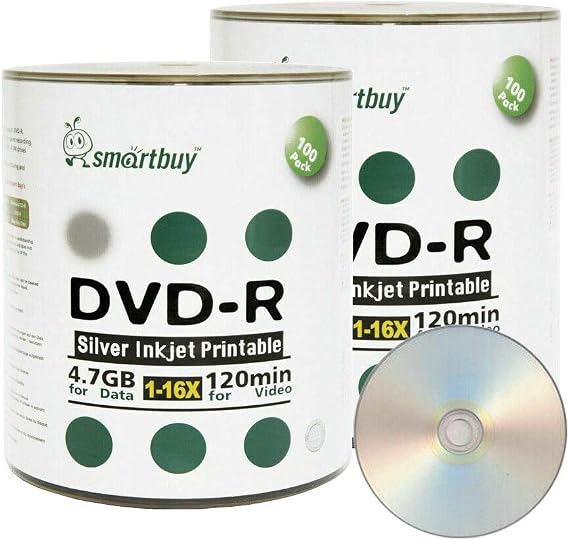 Smart Buy 200 Pack DVD-R 4.7gb 16x Silver Printable Inkjet Disc, 200pk | Blank Recordable Media Disc, Hold Rough 120 mins Data, Full Matte Silver Surface for Inkjet Printer, Plastic Wrap Packaging