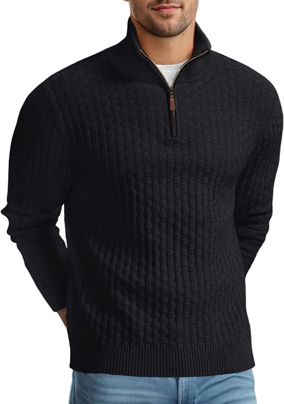 Askdeer Men's Quarter Zip Sweater Waffle Knit Sweater Mock Neck Polo Sweater Casual Pullover Sweater with Ribbing Edge