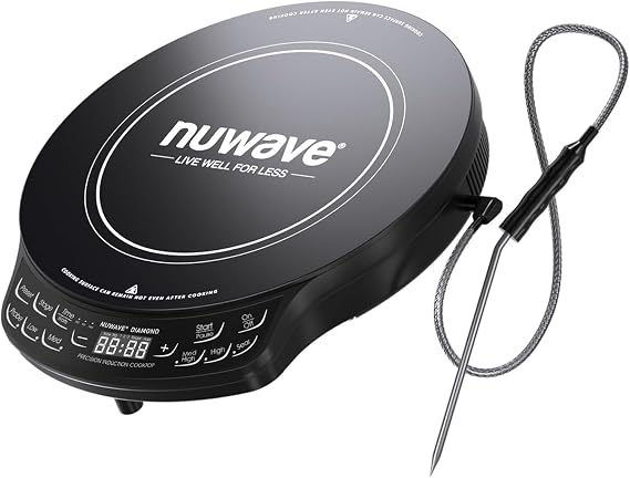 Nuwave Diamond Induction Cooktop, New & Improved Electric Burner with Probe | 91 Temps 50F to 500F, 6.5 Heating Coil, Shatter-Proof Ceramic Glass, 3 Wattage Settings, Ideal for Dorms, RVs & Apts