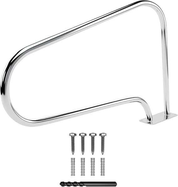 Pool Handrail - Rustproof Grab Rail - Large - Stainless Steel | 48 in Length, 36 in Height, 1.67 in Tube Dia, Polished Finish, Surface Mounted Design, Includes 4 Screws Anchors Bit