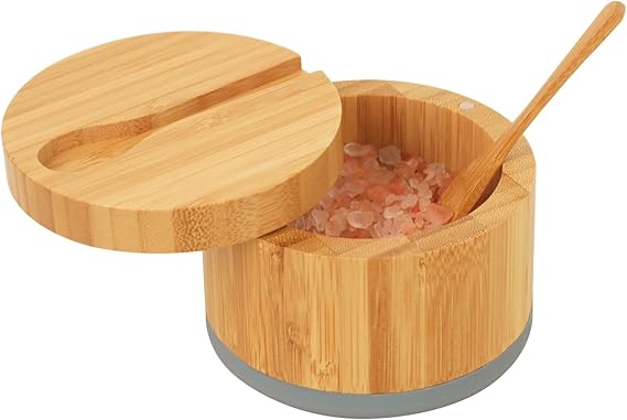 Bamboo Salt Cellar with Lid And Spoon | Grey Salt Box - Easy to Distinguish Spice In The Bowl, Salt Container With Magnetic Swivel Lid For Herbs or Seasonings