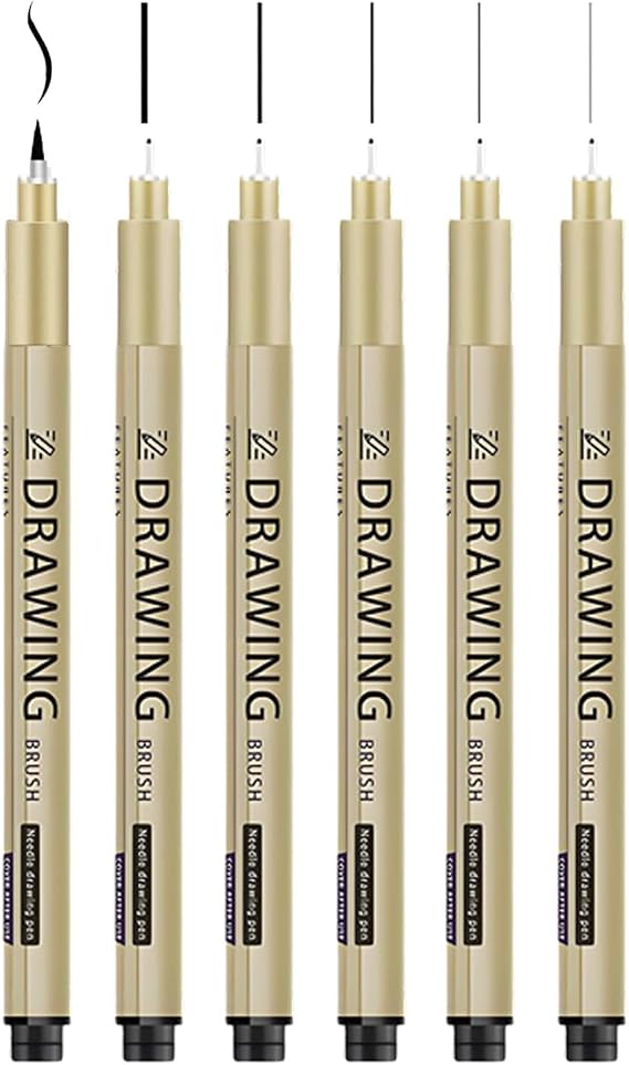 6 PCS Black Fineliner Pens Set, Fine Liner Pens Black Set 6 Pen Tip Sizes (Blacks Ink), Waterproof Ink Sketching Pen, Suitable for Sketching Painting and Technical Drawing