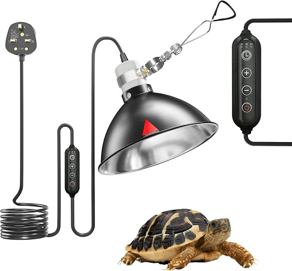 Tortoise Heat Lamp with Timer, 8.5in Reptile Dome Lamp, Dimmable Reptile Dome Fixture with Clamp, 200w Heat Lamp for Tortoise,Reptile Reflector Dome Lamp Fixture