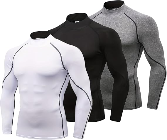 3 Pack Men's Compression Shirts Long Sleeve Mock Turtleneck Undershirts Quick Dry Athletic Workout Base Layer