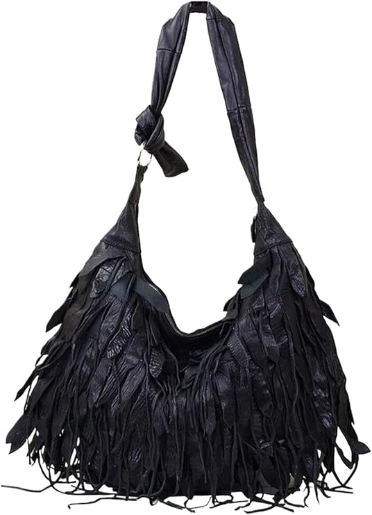 Women Shoulder Bag Sheepskin Hobo Genuine Leather Crossbody Bags Patchwork Tassel Stripe Leisure Handbag Black