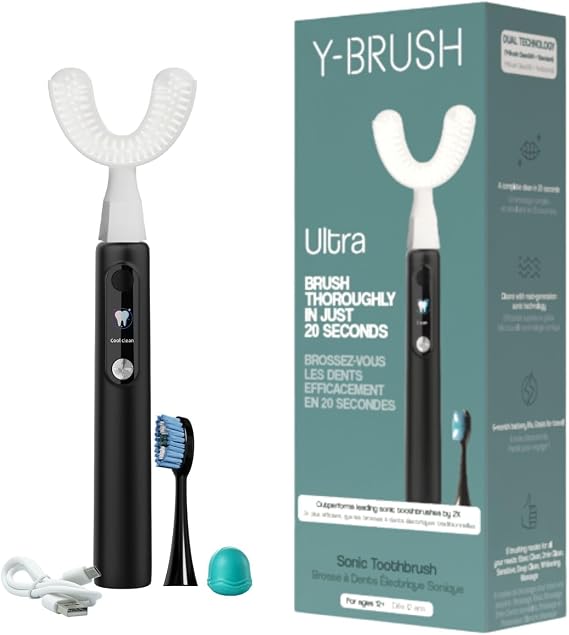 CES Award Y-Brush Ultra Sonic Toothbrush, 2 Heads (Y + Classic) - 6-Month | Clinically proven 2x more efficient | Dentists at Biotech Dental, dental-care leader | Sonic Y-head | 6 modes | Whitening