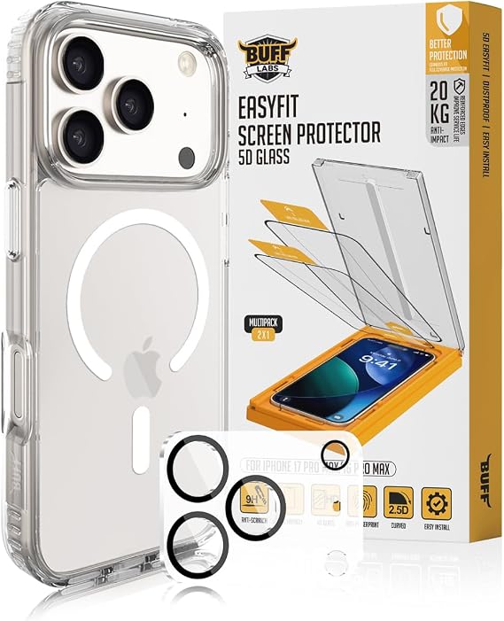 Buff iPhone Avantaj Paket - MagSafe Uyumlu Şeffaf Hybrid Kılıf + Easyfit 5D Ekran Koruyucu + Lens Koruyucu (Şeffaf (5D Glass), iPhone 17 Pro Max)
