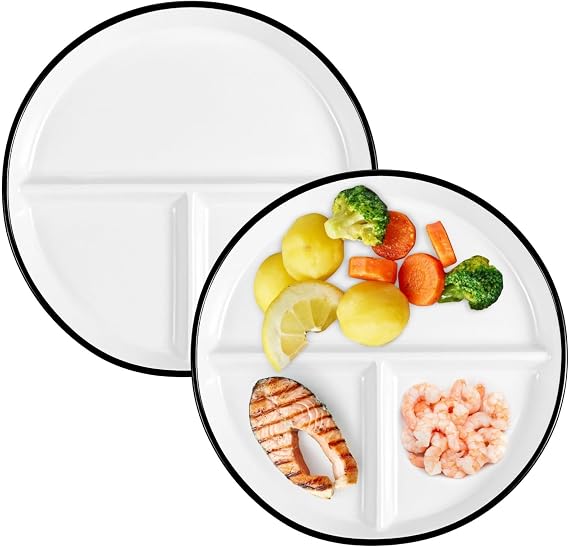 2 Pcs Portion Control Plates, 9.3" Ceramic Divided for Adults, Porcelain Dinner Diet, White for Balanced Meals, Diabetes and Weight Loss