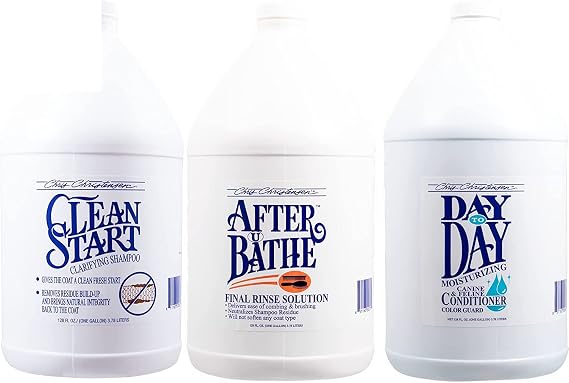 Chris Christensen Dog Shampoo & Conditioner Gallon Bundle, Clean Start Clarifying Shampoo + After U Bathe Final Rinse Solution + Day to Day Moisturizing Condiutioner, Groom Like a Proffesional