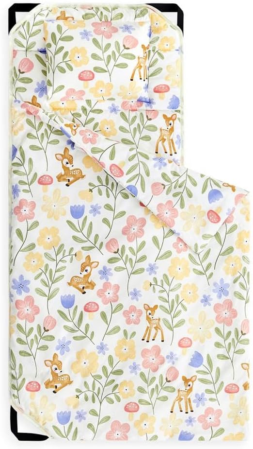 Wake In Cloud - Cot Nap Mat with Pillow and Blanket, for Toddler Kids Girls Ages 3 Plus in Daycare Kindergarten Preschool with Elastic Corner Straps, Floral Botanical Flowers