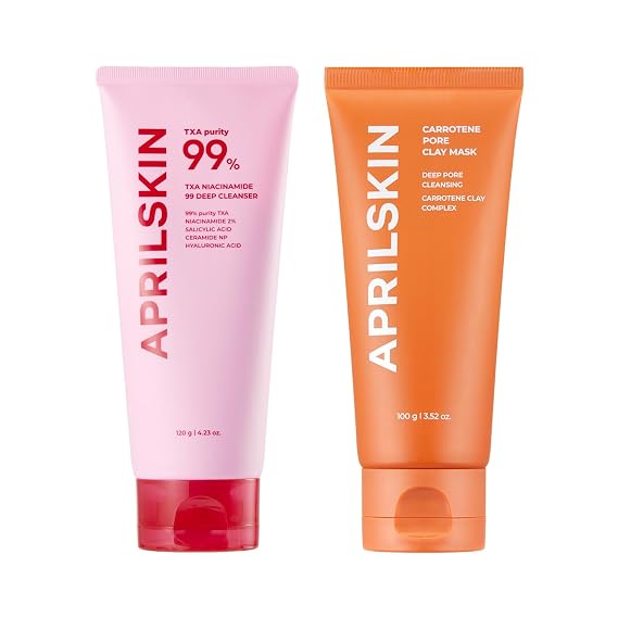 APRILSKIN Deep Cleansing Duo for Blackhead Care: TXA Niacinamide 99 Pore Care Pink Bubble Gum Deep Cleanser and Carrotene IPMP 3-Min Quick Dry Pore Caring Clay Mask