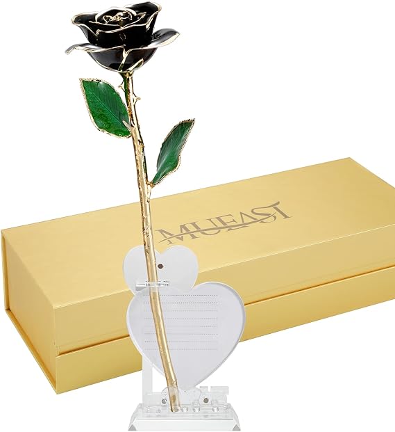 MUEAST 24K Gold Dipped Real Rose, Gold Dipped Rose Made from Real Rose Best Gifts for Anniversary Valentines Mothers Day Birthday Gifts, (Black with Love Stand)