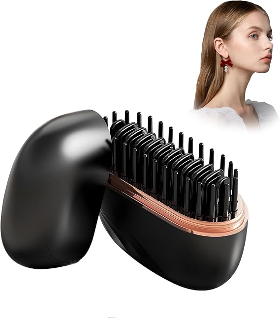 Mini Straightener Brush, Rechargeable Cordless Portable Hair Straightener with 3-Speed Temperature Control, Fast Heating, Anti-Scald Shell, Ideal for Travel and Home Use (Black)