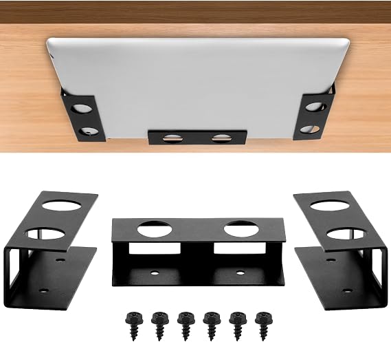QWORK Under Desk Laptop Mount 3 Pieces Hard Aluminium Under Desk Laptop Holder Tray, Fits Laptop, Keyboard (Black)