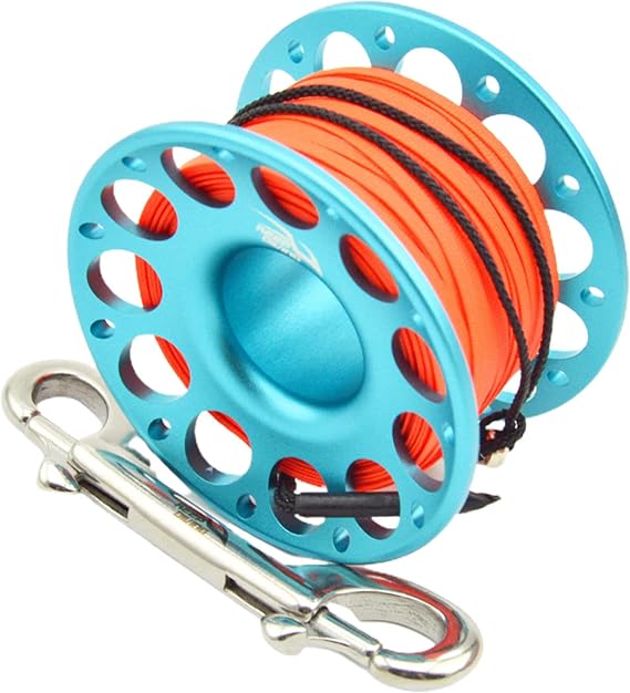 50/100FT Finger Reel Dive Reel, Aluminum Alloy Scuba Diving Finger Spool with Double-Ended Bolt Snap Clip for Underwater Scuba Diving Snorkeling Spearfishing Diving Wreck Cave