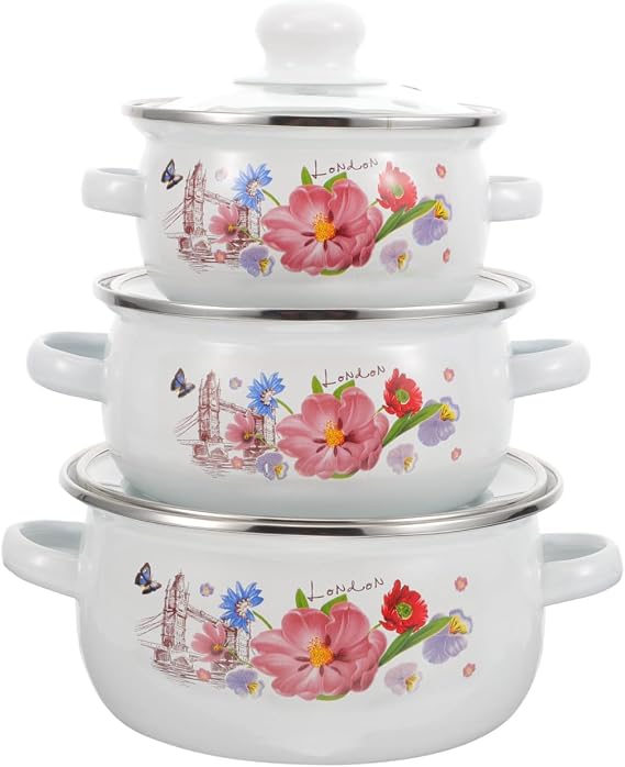 Alipis Enamel Stockpot Set of 3 with Lid 7.08In Mini Soup Pot Double-Handle Cooking Pot for Home Kitchen Stew and Soup