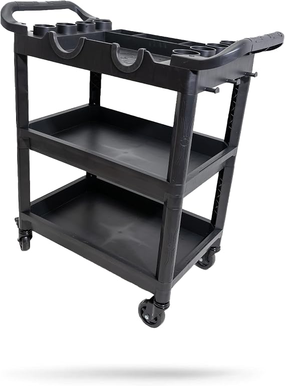Adam's Polishes Premium Detail Cart - Car Detailing Cart 3-Tiered Shelves 250 Pound Per Shelf Capacity - Heavy Duty Casters Rolling Cart, Features Bottle Holders, Cutouts, Pegs for Organization