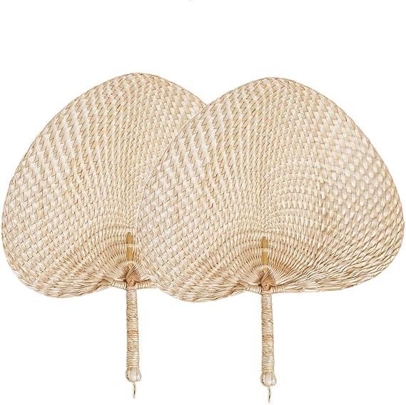 TJCGCKK 2 pcs Woven Handmade Straw Fan Summer Hand Fans Rattan Raffia Reed Grass Fans Natural Manual Paddle Fan Whea Chinese Style