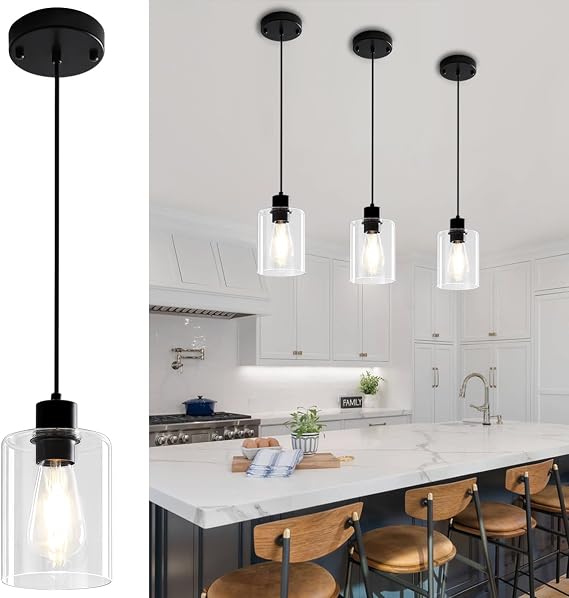 3 Pack Glass Pendant Lights Kitchen Island Black Hanging Light Fixtures