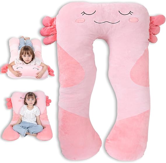 47x23 inch U Shaped Long Plush Body Pillows for Kids, Stuffed Animal Axolotl Soft Large Pillow for Sleeping, Big Cute Plushies, Washable Cover, Gift for Boys and Girls