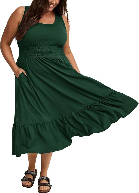 Women Plus Size Summer Midi Dress - Smocked Waist Beach Vacation Sleeveless Dresses with Pockets