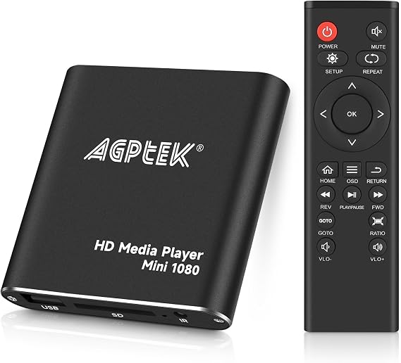 HD Media Player, AGPTEK Mini 1080p Full-HD Ultra HDMI Digital Media Player with Remote Control for -MKV/RM- HDD USB Drives and SD Cards (Black)