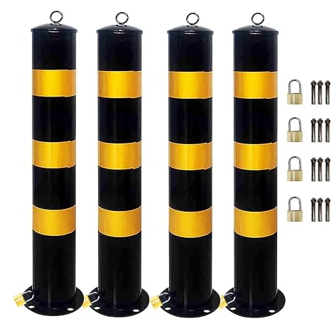 Safety Bollard Removable Bollard with Embedment Sleeve, Yellow Safety Steel Bollard Post with Anchor Bolts Padlock, Parking Bollard for Warehouse(4pcs)
