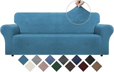 WEERRW Velvet Couch Cover for 3 Cushion Couch Covers - Stretch Sofa Slipcovers with Non Skid Foam and Elastic Bottom, Furniture Protector for Pets, Crafted from Soft Plush Fabric, Peacock Blue, Large