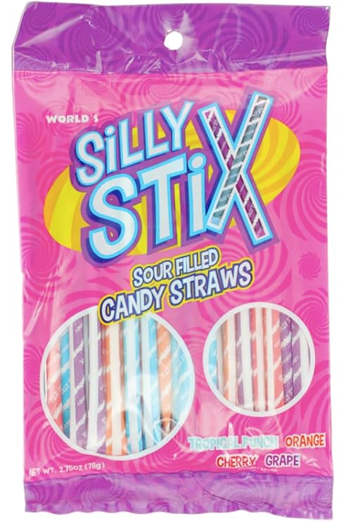 Silly Stix Sour Filled Candy Straws 2.75oz Bag - Tropical Punch, Orange, Cherry, Grape (Pack of 1)