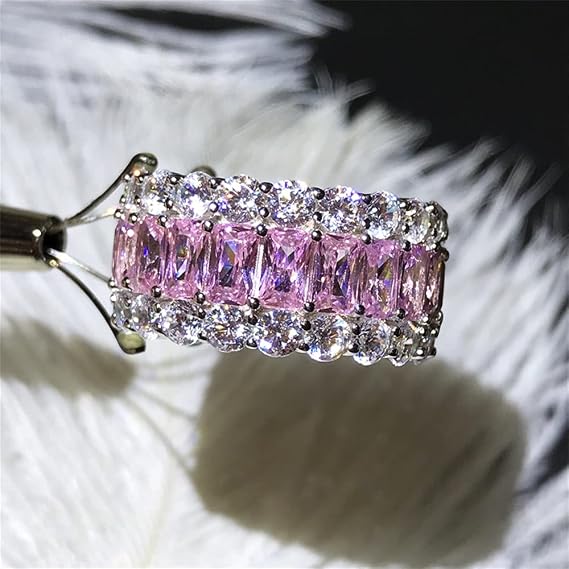 AZQ 925 Sterling Silver Shiny Full Diamond Ring Cocktail Rings Pink Cubic Zirconia Anniversary Promise CZ Multi Row Eternity Engagement Wedding Band