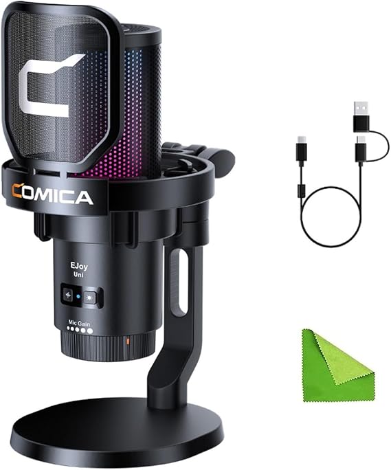 comica EJoy Uni (D)-Black Microphone for Computer and Smartphone,RGB Cardioid Condenser Gaming Mic for Podcasting,Streaming,Recording,with Desktop Stand