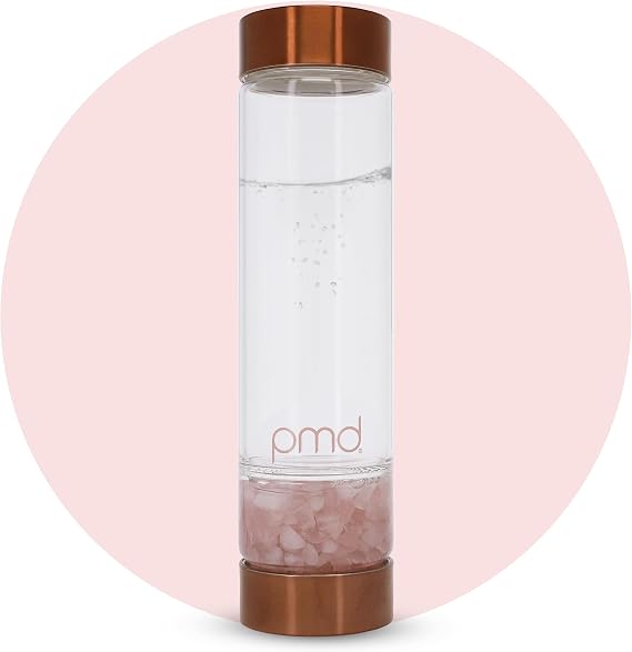 PMD Beauty Aqua Glass Water Bottle with Grade-A Rose Quartz 16.2 oz BPA-Free Reusable Glass Bottle, Sleek Minimalist Design for Clean Hydration & Everyday Use