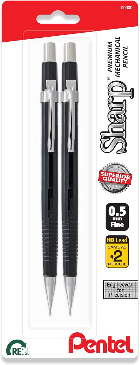 Pentel Sharp Mechanical Pencil (0.5mm), Fine Line, Black Barrel, Pack of 2 (P205BP2)