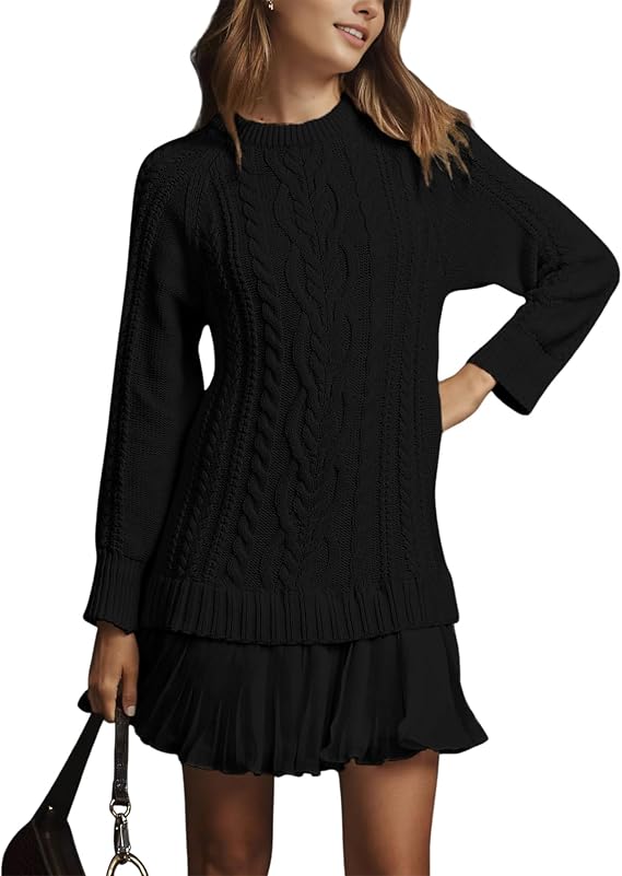 Women's Cable Sweater Dress Knit Long Sleeve Pleated Crew Neck Patchwork Pullover Patchwork Mini Dress