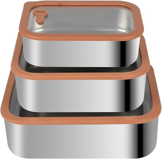 Premium 304 Stainless Steel Food Containers with Tempered Glass Lids - Durable Meal Prep Containers for Kitchen, Office, Travel (3pcs(21, 42&70 oz))