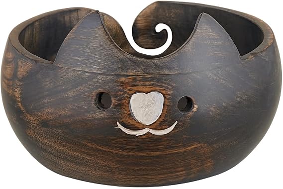 Mothers Day Gifts for Women Cat Yarn Bowl Knitting Bowl Large Crochet Yarn Holder Handmade Crocheting Accessories and Supplies Organizer 7 x 3" Wooden Retirement Birthday Gift for Knitters, Crocheters