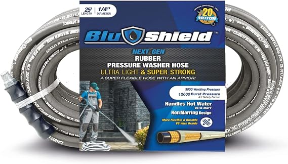 BluShield PW1425-NM 1/4" x 25' Polyester Braided Rubber Pressure Washer Hose, 3100 PSI Working Pressure, Handles 250F Hot Water, 35% Lighter, Flexible and Non Marking