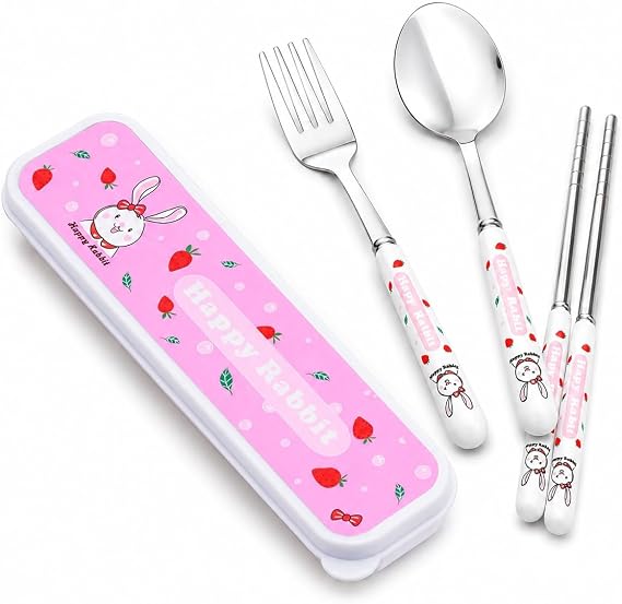 Cute Silverware Set, Cartoon Ceramic Handle Dinnerware Set Flatware Kitchen Accessories Camping Travel Sets Fork Spoon Chopstick Portable Cutlery Sets with Case, Deer Cat Rabbit Bear (Color