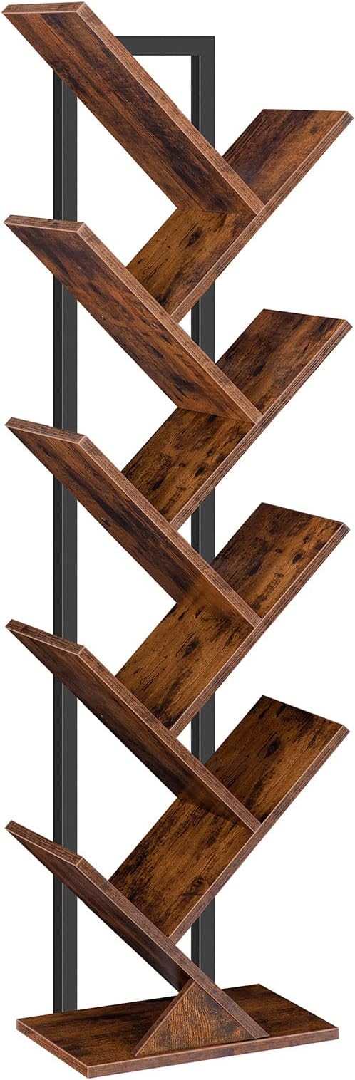 HOOBRO Tree Bookshelf Tall, 9-Tier Floor Standing Book Shelf, Tall Bookcase for CDs Albums, for Living Room, Rustic Brown and Black EBF08SJ01G1