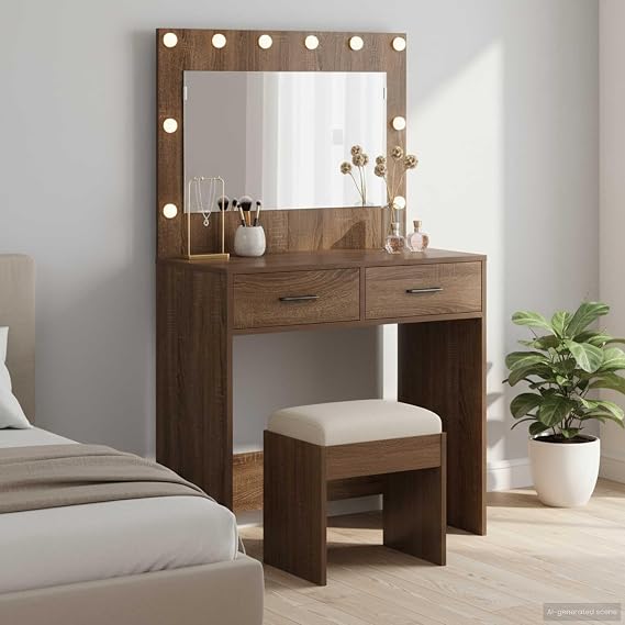 Brown Oak Dressing Table 78.5 x 41 x 135 cm with Mirror Lights and Storage Drawers, Modern Engineered Wood Vanity Desk for Bedroom, Minimalist Design with Matte Finish
