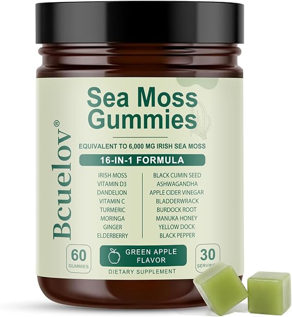 Sea Moss Gummies, 16-in-1 Blend with Ashwagandha, Black Seed Oil, Bladder Wrack, Turmeric, Vitamin C & D3, Manuka Honey, Burdock Root, Dandelion, Yellow Dock, Elderberry - Green Apple Flavor