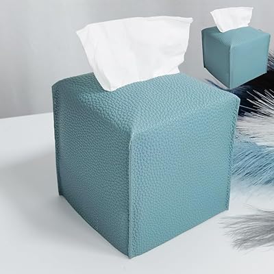 HOMOTEK 2 Pack Tissue Box Cover, Square PU Leather Tissue Holder, Decorative Facial Tissue Cube Paper Organizer Dispenser for Bathroom, Night Stands, Desk, Car 5X5X5 - Aqua Blue, Pebble Grain