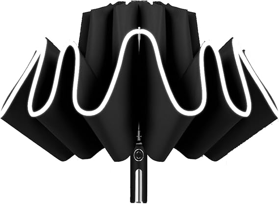 Reverse Folding Umbrella,Auto Windproof Travel Umbrella, Compact Reflective Striped Umbrella, Rain Or Shine Sun Umbrella, One Button Open And Close Convenient For Traveling,Black