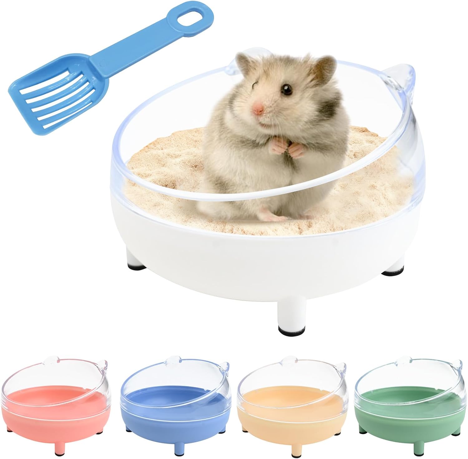 Hamster Sand Bath Container 6.5 Inch Transparent Sandbox Toilet with Sand Shovel for Dwarf Hamsters,Gerbils and Small Pets, Dust-Free Bathing with Rounded Edges (White)