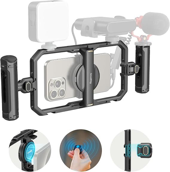 SMALLRIG Universal Quick Release Phone Cage Kit Basic, Aluminum Smartphone Video Rig Kit with Wireless Control Dual Handles and Phone Clip, Support for MagSafe, for iPhone for SamSung for Pixel - 4597