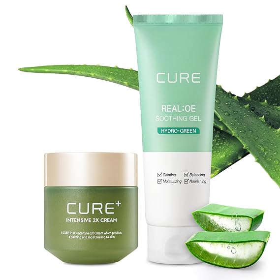 Kim Jeong Moon Aloe Cure Intensive 2X Cream Soothing Moisturizer for Dry Skin Bundle with Aloe Vera Soothing Gel Korean Skincare Duo
