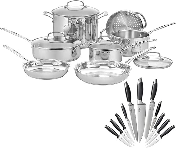 Cuisinart 77-11G Chef's Classic Stainless 11-Piece Cookware Set Bundle with Deco Chef Gourmet 12 Piece Stainless Steel Knife Set with Storage Block