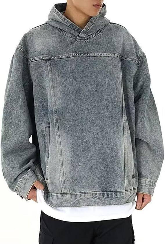 chouyatou Men's Casual Pullover Denim Jacket Vintage Distressed Jean Hoodie Jacket Oversized Sweatshirt Tops